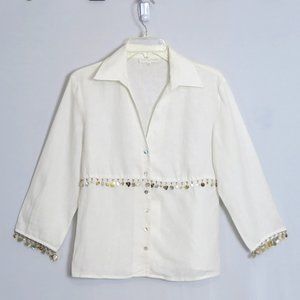 LILI LALANDE White Beaded Natural Accents Long Sleeve 100% Linen Blouse Size 42